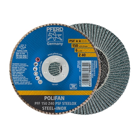 Pferd 6" x 7/8" A.H. POLIFAN Flap Disc - Z PSF STEELOX, Zirconia, 40 Grit, Flat 63051